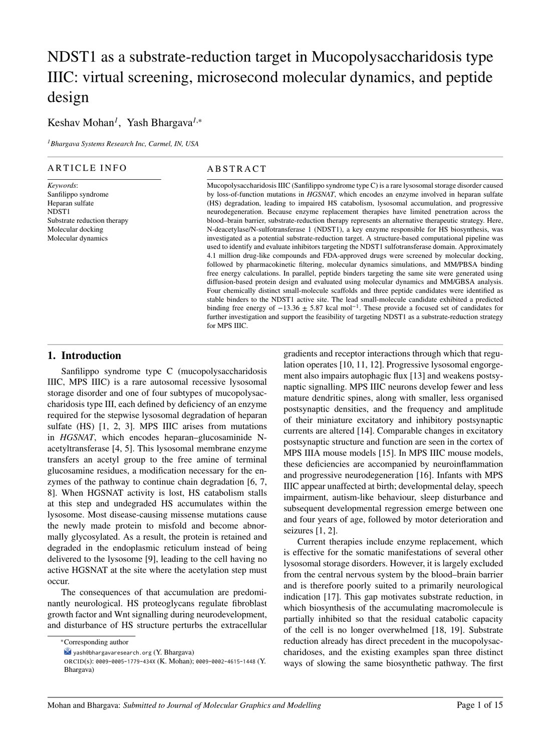 First page of the NDST1 Mucopolysaccharidosis IIIC preprint