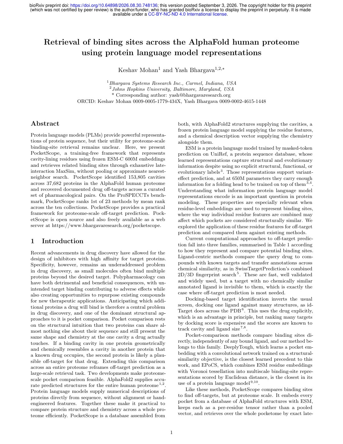 First page of the PocketScope binding-site retrieval preprint